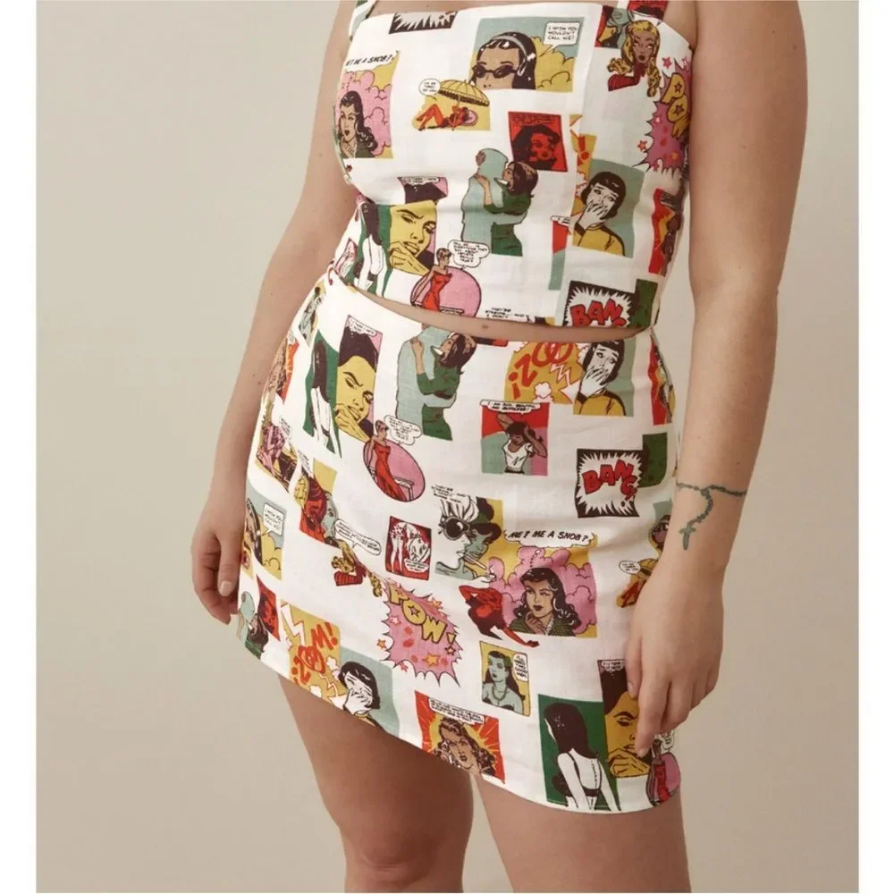 Reformation 100% Linen Veranda Pop Art Colorful Mini Skirt White Size 14